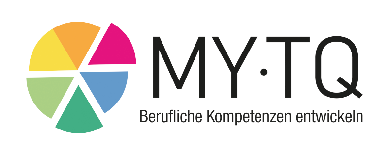 Das Logo hat einen weißen Hintergrund, einen farbigen Kreis in pink, blau, grün, gelb und orange links neben der Logoschrift MYTQ - Berufliche Kompetenzen entwickeln